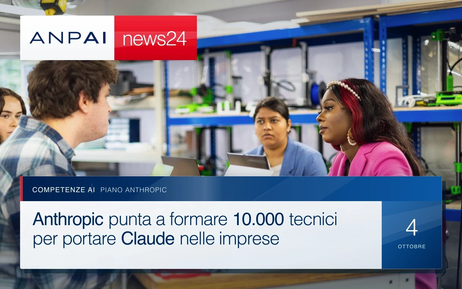 Tre ingegneri discutono davanti a laptop e strumenti in un laboratorio di lavoro.