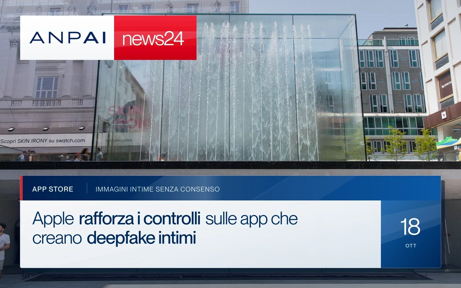 Ingresso dell’Apple Store di piazza Liberty a Milano, con la grande fontana al centro della piazza