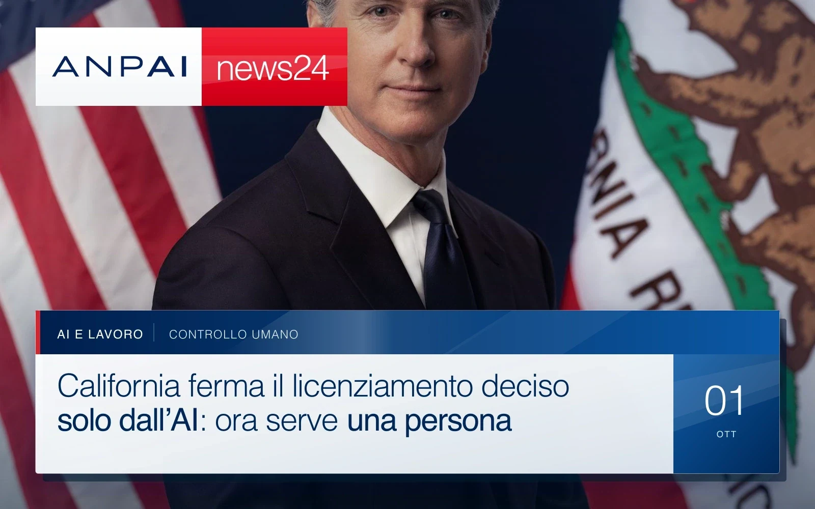 Ritratto ufficiale 2026 del governatore californiano Gavin Newsom, con le bandiere statunitense e della California sullo sfondo.
