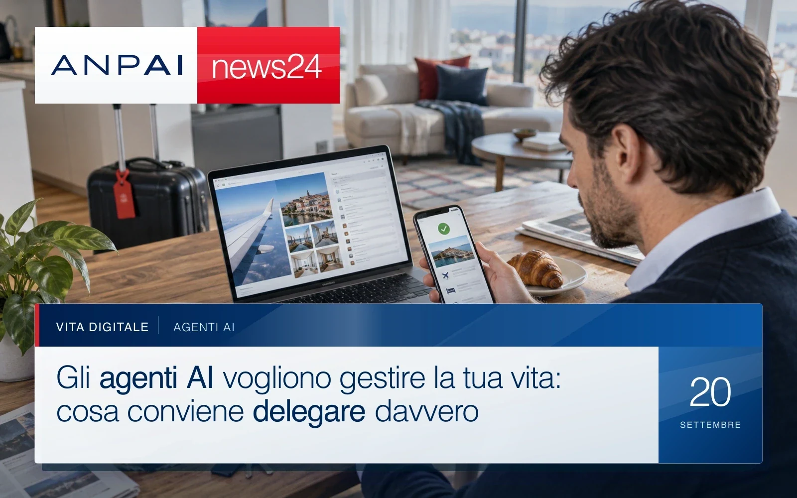Professionista al tavolo della colazione controlla telefono e laptop con prenotazioni e attività digitali.
