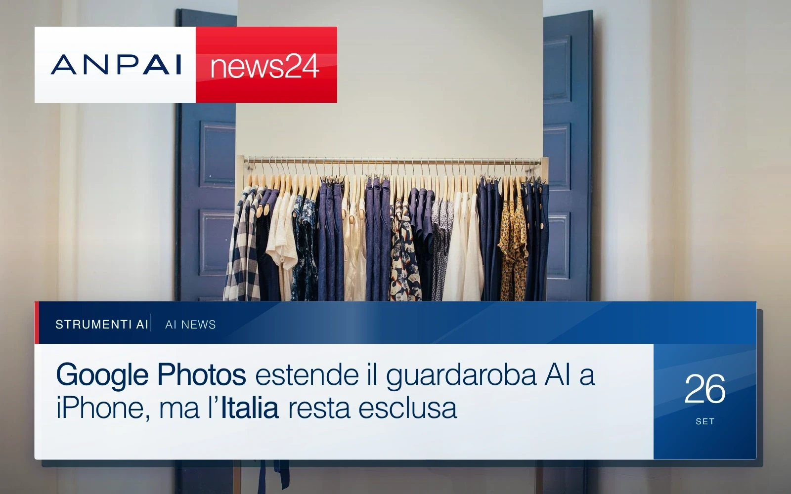 Una selezione di abiti appesi ordinatamente su una rastrelliera in un guardaroba.