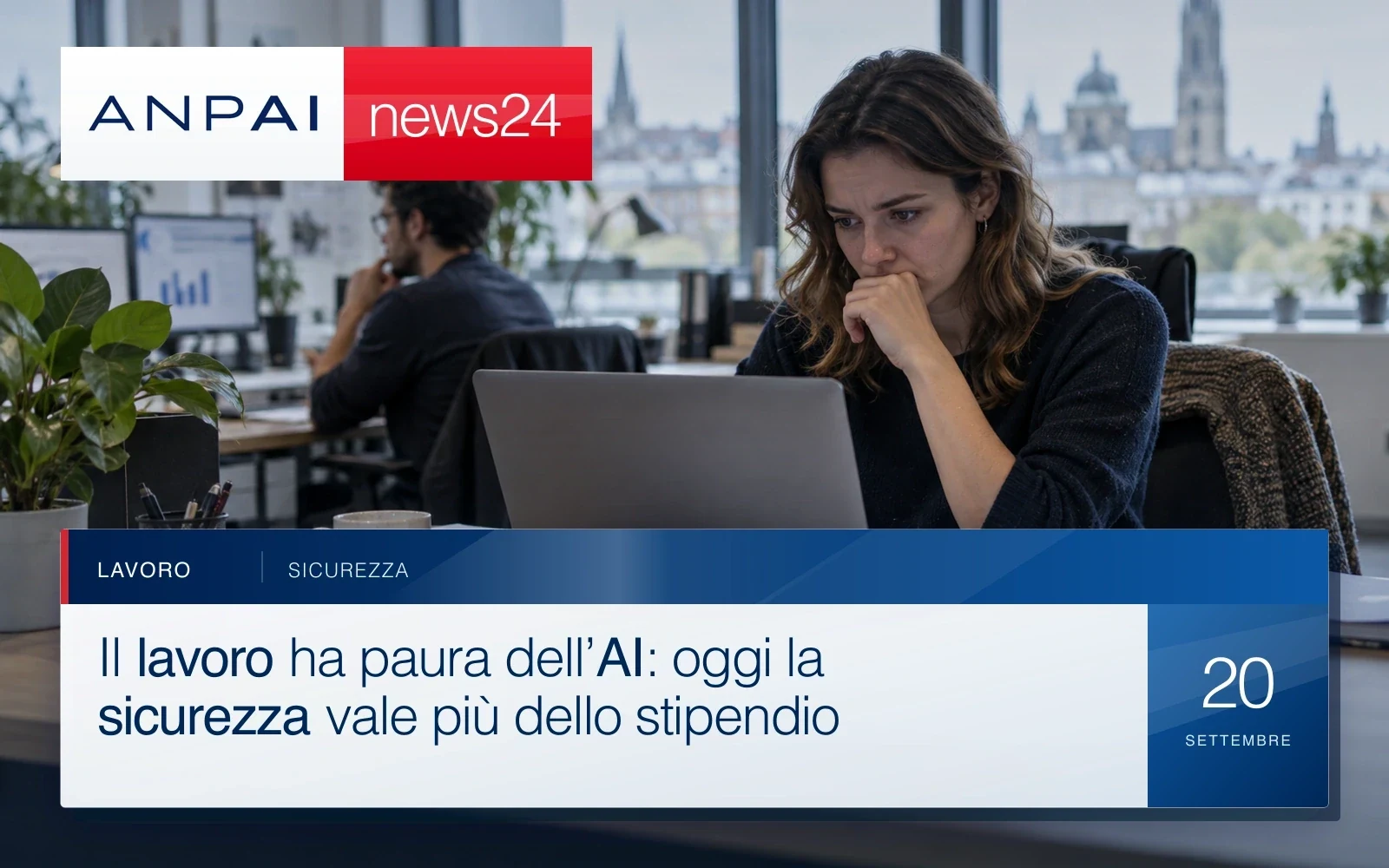 Impiegata in ufficio osserva un laptop con documenti sul tavolo e aria preoccupata per il lavoro.