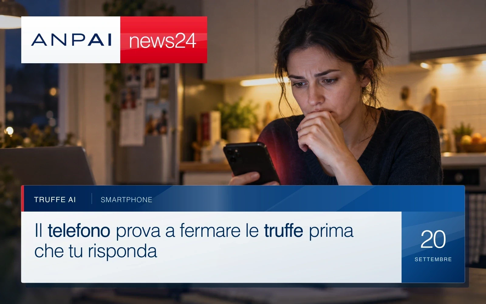 Donna preoccupata guarda lo smartphone in cucina mentre riceve un messaggio sospetto.