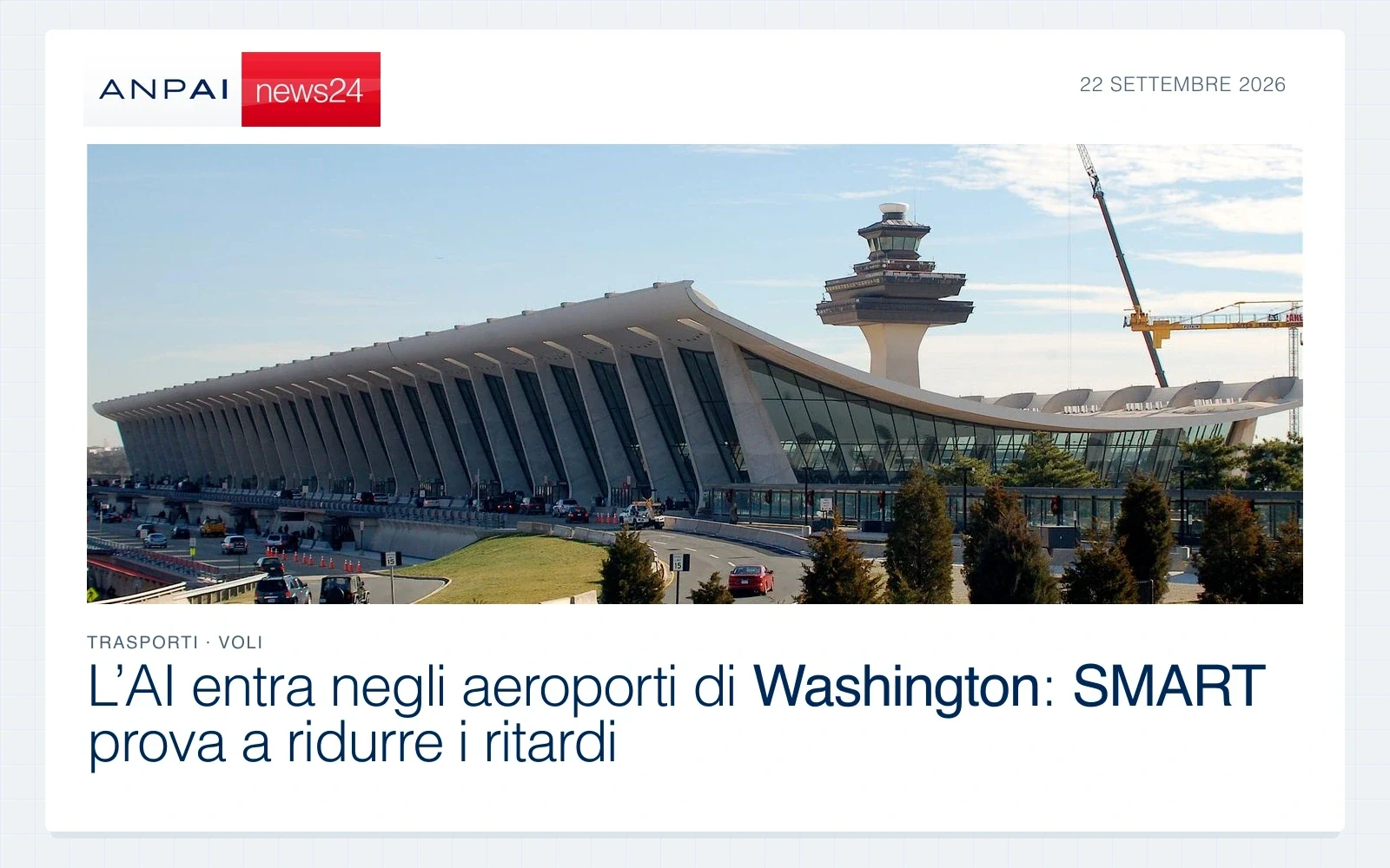Terminal principale e torre storica dell’aeroporto internazionale Washington Dulles sotto un cielo azzurro.
