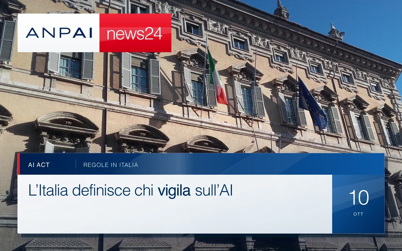 Facciata di Palazzo Madama a Roma, con le bandiere italiana ed europea
