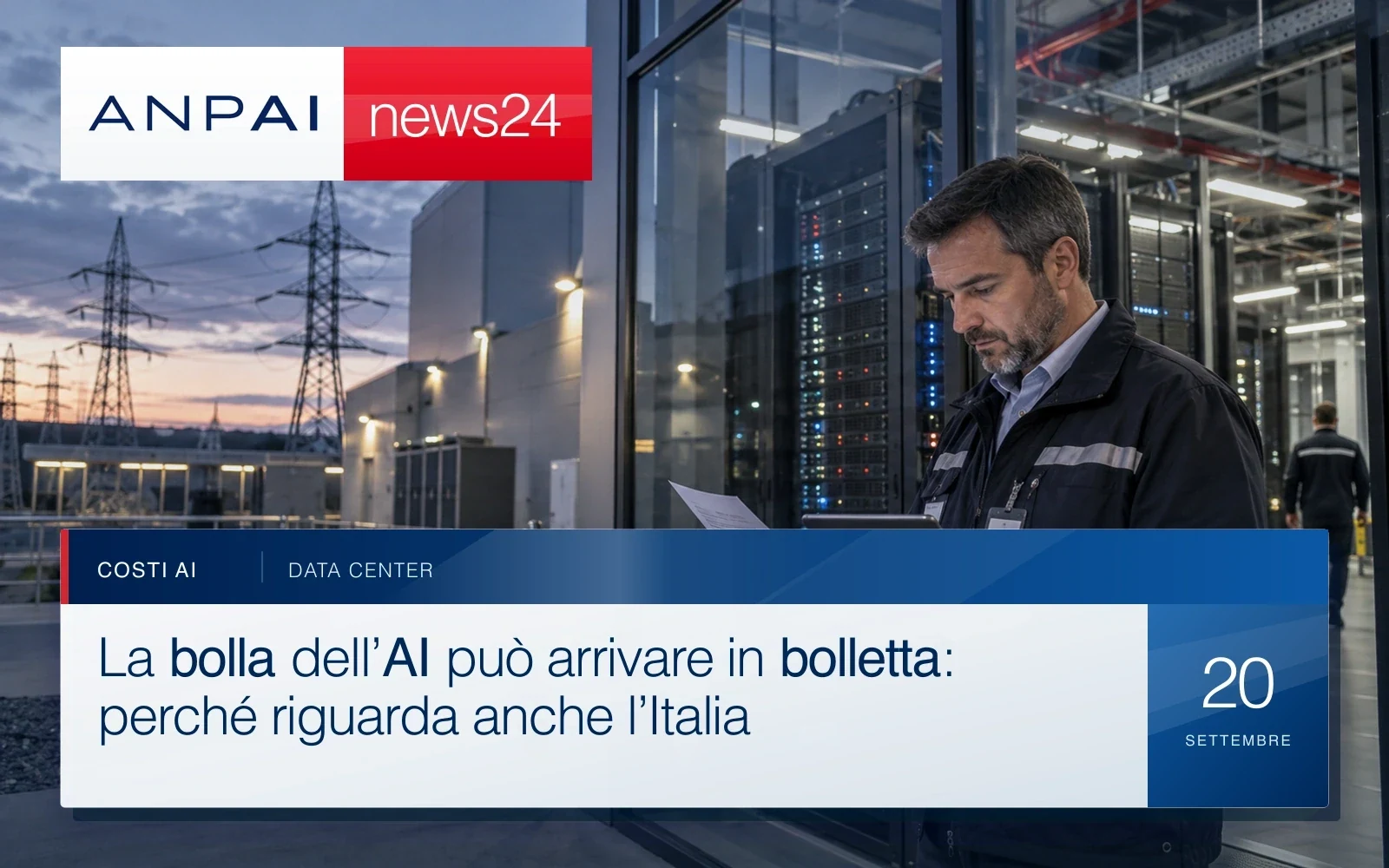 Tecnico davanti a server e linee elettriche controlla documenti sui costi di un data center.