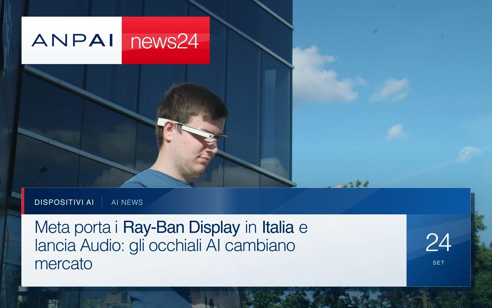 Occhiali Ray-Ban Meta appoggiati su una superficie esterna colorata.