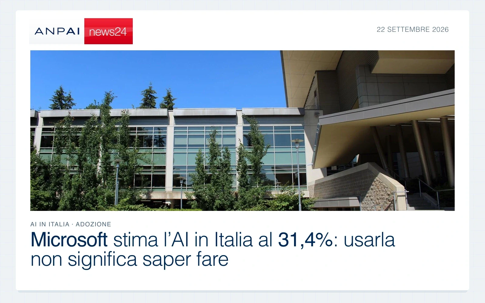 Facciata in vetro e ingresso dell’edificio 92 del campus Microsoft a Redmond, nello stato di Washington.