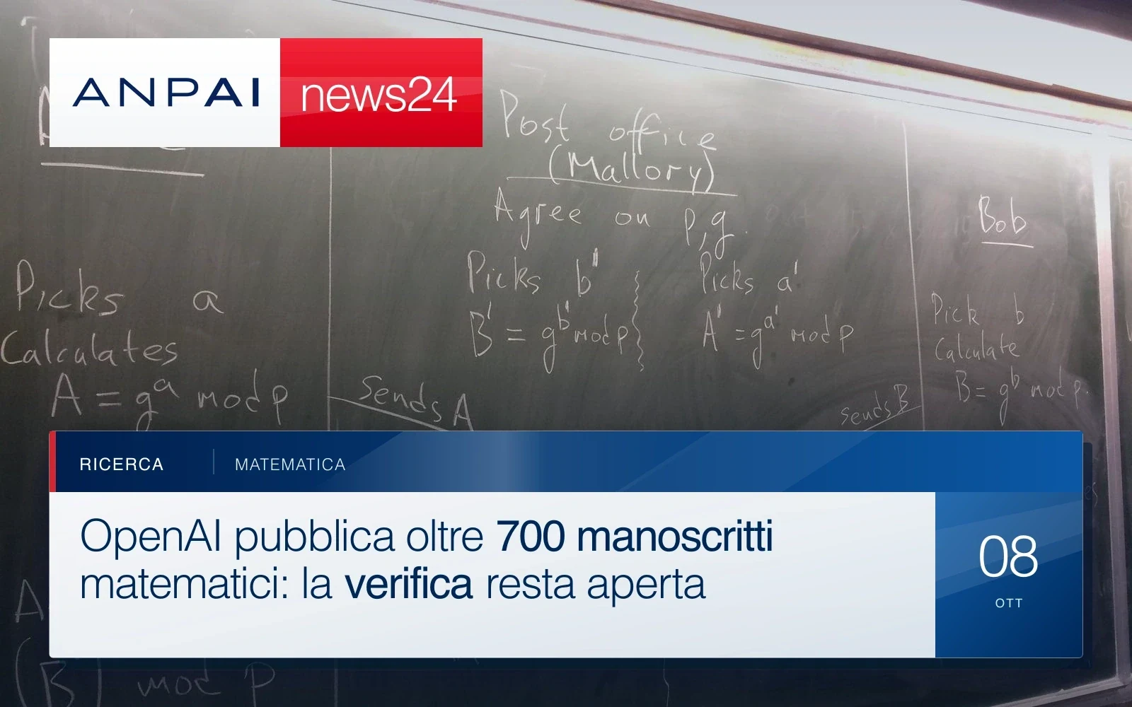 Una lavagna riporta formule matematiche relative a uno scambio di chiavi crittografiche.