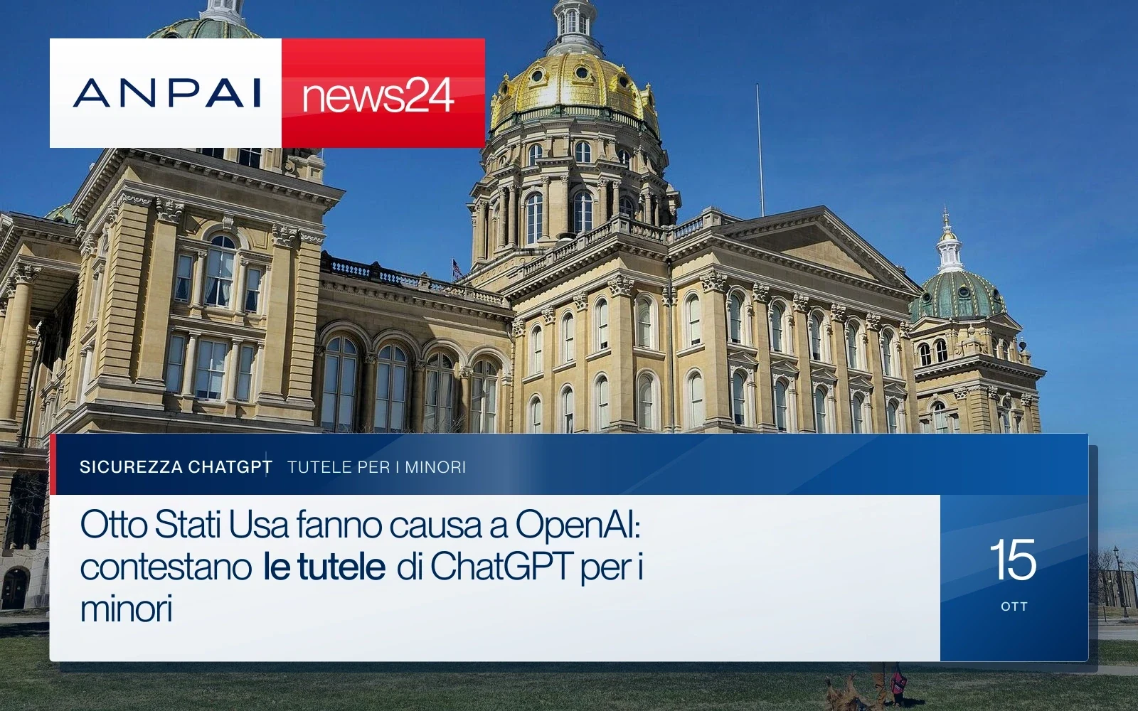 La facciata del Campidoglio dello Stato dell’Iowa a Des Moines