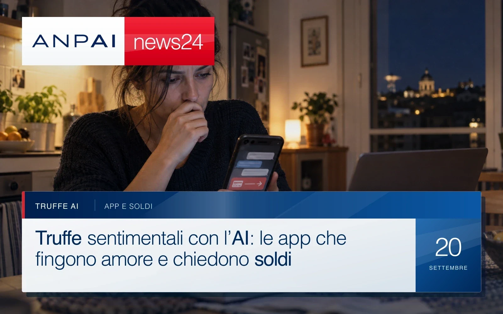 Donna preoccupata guarda lo smartphone in cucina di sera mentre una chat sospetta chiede un pagamento.