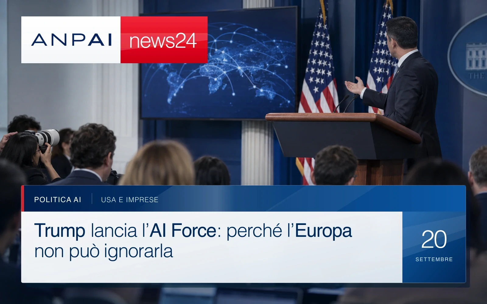 Sala stampa istituzionale americana durante una conferenza sulla politica dell’intelligenza artificiale.